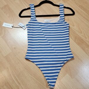 NWT Babaton Aritzia Sleeveless Bodysuit Blue Nude Stripe Size Small Contour Tank
